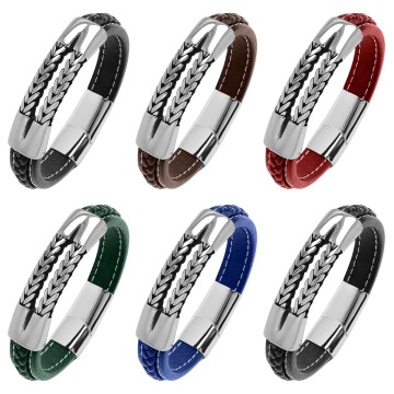 Bracciale in acciaio inossidabile in acciaio inossidabile inossidabile retrò in acciaio in pelle in pelle in pelle nera.