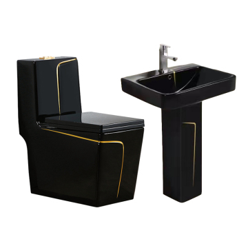 Black WC Toilet Set: Floor-Mounted One-Piece Ceramic Bowl with Pedestal Basin