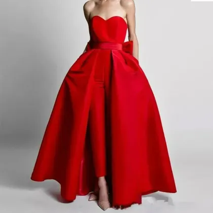 Modest Satin Wedding Jumpsuit with Detachable Skirt, Sweetheart Bowtie Prom Dress