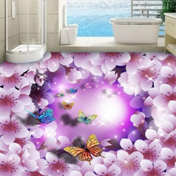 3D Floor Tiles Mural Wallpaper Modern Fashion Purple Flowers Butterfly Floor Sticker Living Room Bedroom PVC Waterproof Frescoes