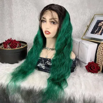 13x4 pre plucked women natural dark green human hair lace front wig, 4x4 transparent hd lace green color lace closure wig