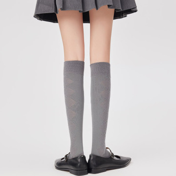 Womens Long Knee High Calf Socks Breathable Comfort Gray Solid Fashion Rhombic Design