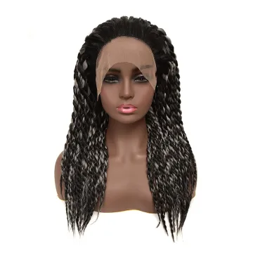 Lace Front Braids Wigs for Black Women Synthetic Hair Senegalese Twist Hand-Braided Wigs Black Blend Silver Grey Long Wig