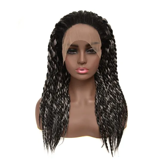 Lace Front Braids Wigs for Black Women Synthetic Hair Senegalese Twist Hand-Braided Wigs Black Blend Silver Grey Long Wig