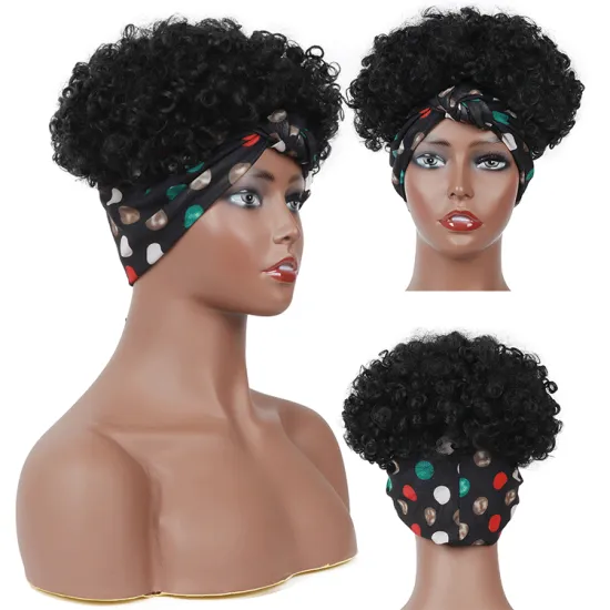 Puff Headband Wigs for Black Women 10 Inch Short Afro Kinky Curly Wrap Wig High Temperature Synthetic Afro Curly Hair Wig