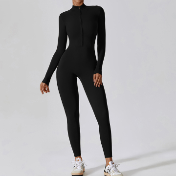 Hot Selling High-Quality Women's Fitness Yoga Gym Wear: Sleek Long-Sleeve Zipper One-Piece Jumpsuits with Naked Feeling Design