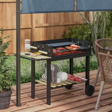 Adjustable Working Height Charcoal Grill with Wooden Rack