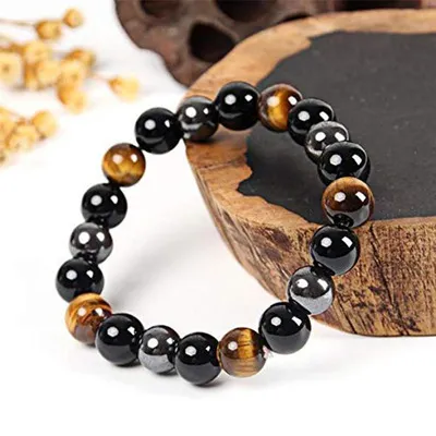 Natural Obsidian Tiger's Eye Healing Bracelet for Stress & Anxiety Relief with Hematite
