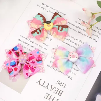 Sweet and Cute Rainbow Donut Bow Hair Clip - Cupcake Hair Accessories