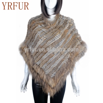 YR830 Women Spring Real Rabbit and Raccoon Hand Knit Fur poncho
