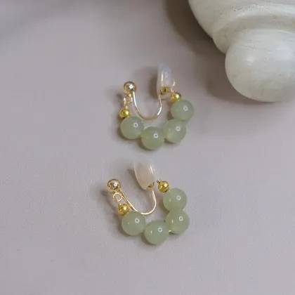 Wholesale Genuine Hetian Green Jade Hoop Earrings in Sterling Silver - Non-Pierced Jewelry for Women