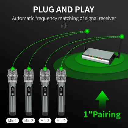 GPUB Professional 4 Channel Mini UHF Wireless Microphone System with 4 Handheld Microphones