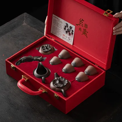 Qingxi Purple Clay Persimmon Ruyi Kung Fu Tea Set - Gift Box Included