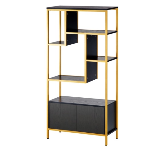 قفسه کتاب نمایش سیاه و طلایی با کابینت