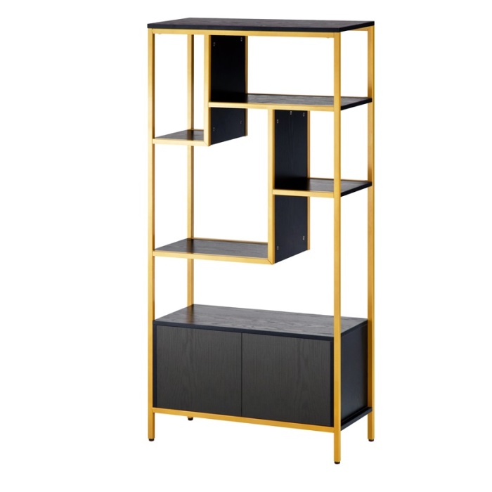 قفسه کتاب نمایش سیاه و طلایی با کابینت