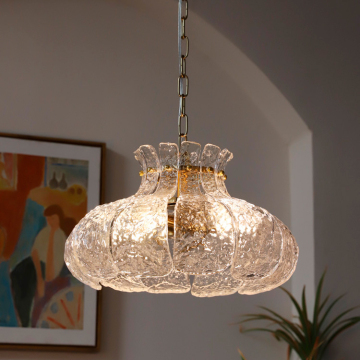 French Vintage Ice Fusion Glass Chandelier with Full Copper Accents
