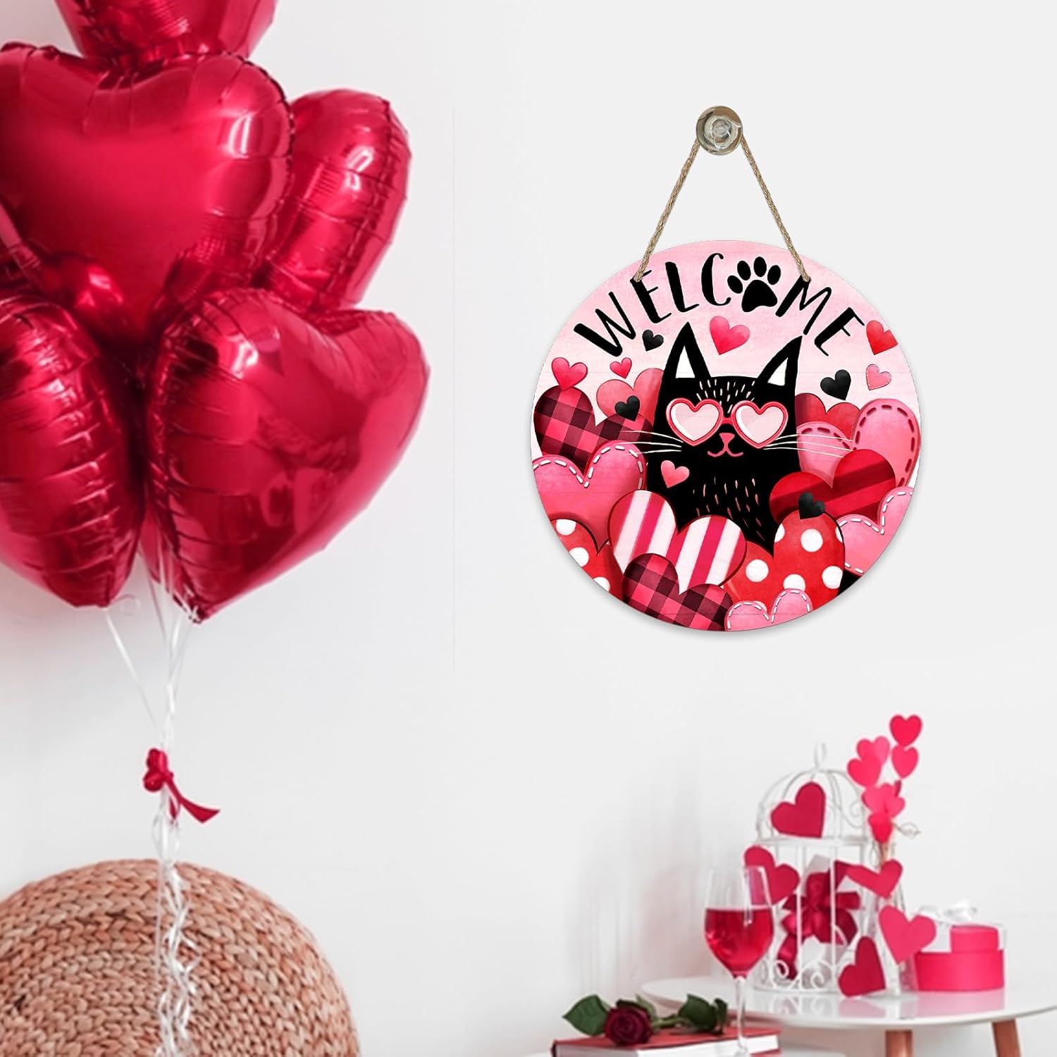 Valentine Black Cat Wooden Welcome Sign