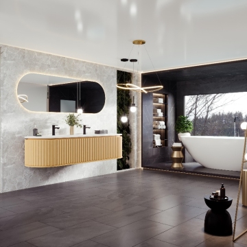 Modern Wall-Mounted Wooden Bathroom Vanity with Marble Top Sink