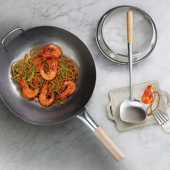 stainless steel spatula wok ring round bottom wok Hand Hammered Carbon Steel Wok and Ladle Set With Wood Handle
