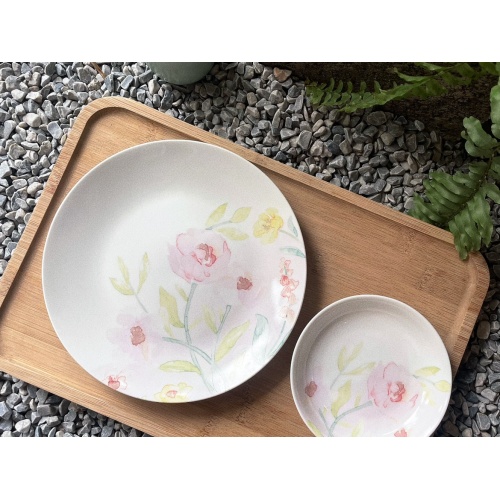 Porcelain rendered coffee cups, plates, bread plates