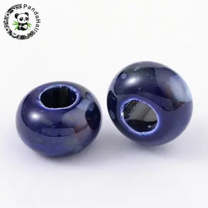 15x10mm Handmade Porcelain Clay Ceramic Jewelry Making Loose Necklace Ethnic Beads, Pearlized, Rondelle, SteelBlue