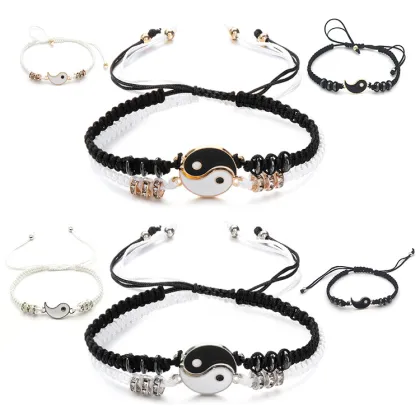 Handcrafted Yin Yang Tai Chi Couples Bracelets: Adjustable Matching Taiji Trigram Cord Jewelry for Partners
