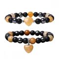 2 Pc a Set Gemstone Round Beads With Heart Charm Bracelets Black Matte Onyx Stone Stretch Bracelet Natural Stone Crystal Bangle