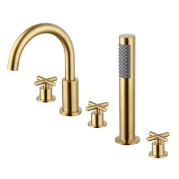 European Classic Deck Mount 5 Hole Antique Faucet Brass Golden Bathtub taps With Shower Spray