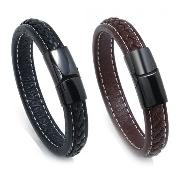 High Quality Vintage Punk Style Stainless Steel Clasp Leather Cuff Bracelet for Men