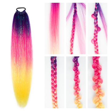 Alileader 110g Multi Colors Highlight Silk Hair Tinsel Straight Kids Ponytail Braids Extension With Elastic Rubber Band