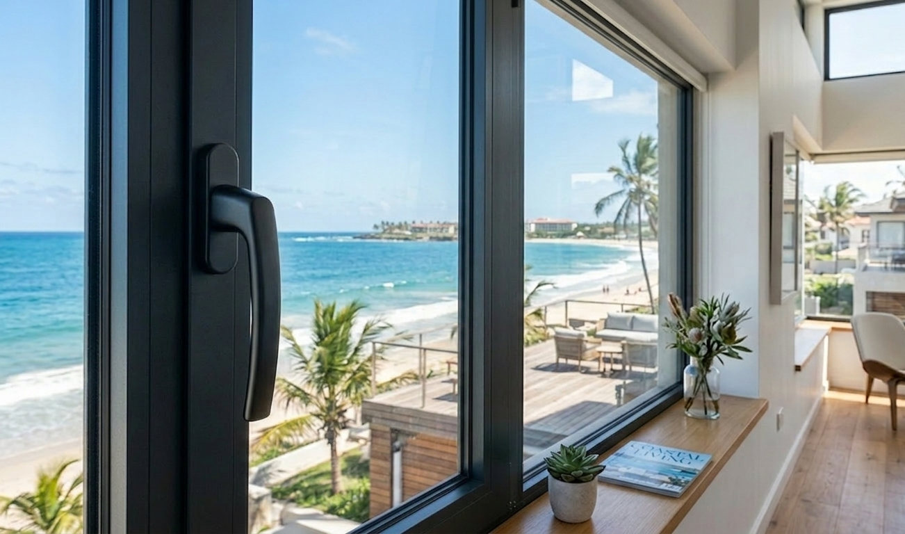 Устойлівыя да карозіі алюмініевыя аконныя ручкі, устаноўленыя ў прыбярэжнай уласнасці на пляжы