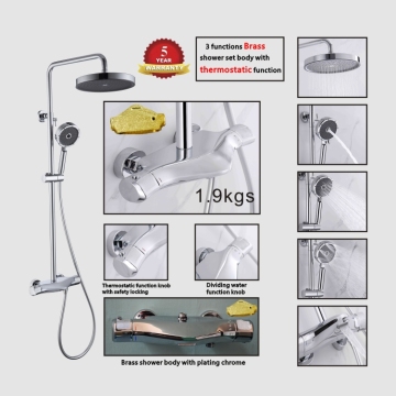 Set Mixer Faucet Mandi Termostatik Berkualitas Tinggi-3 Fungsi Chrome Panas dan Dingin