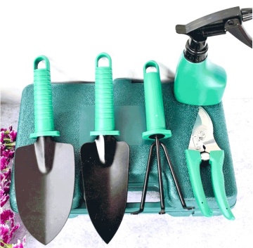 Purple Floral Print Garden Tool Set: 5pcs Pruner, Shears, Shovel, Rake, Sprayer with Rubber Handles