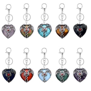 Gemstone Heart Antique Silver Double Dragon Stone Pendant (32x42mm) Keychain