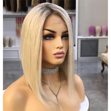 Factory Wholesale 16 Inch Ash Brown Short Human Hair Front Lace Bob Wig  Ash Blonde Lace Closure Human Hair Bob Wig