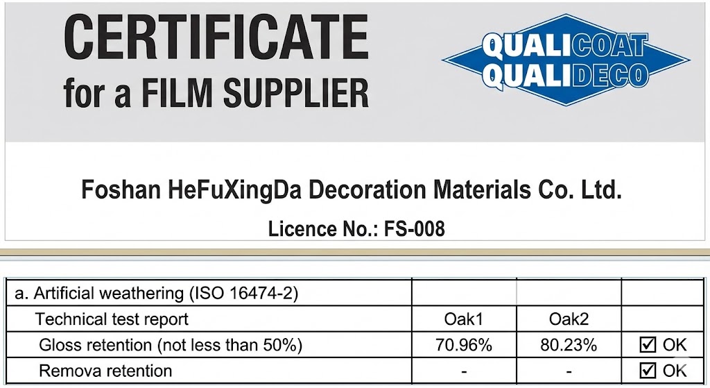 QUALICOAT FS-008 प्रमाणपत्र और ISO 16474-2 परीक्षण रिपोर्ट डेटा