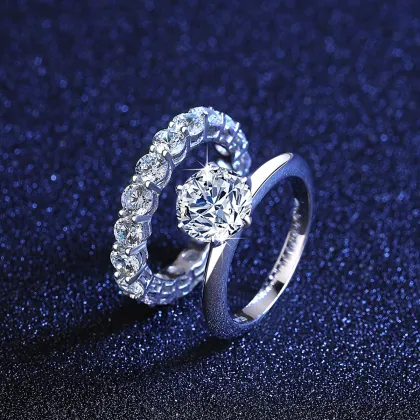 925 Sterling Silver Moissanite Diamond Engagement & Eternity Ring with Silver Lab Diamond