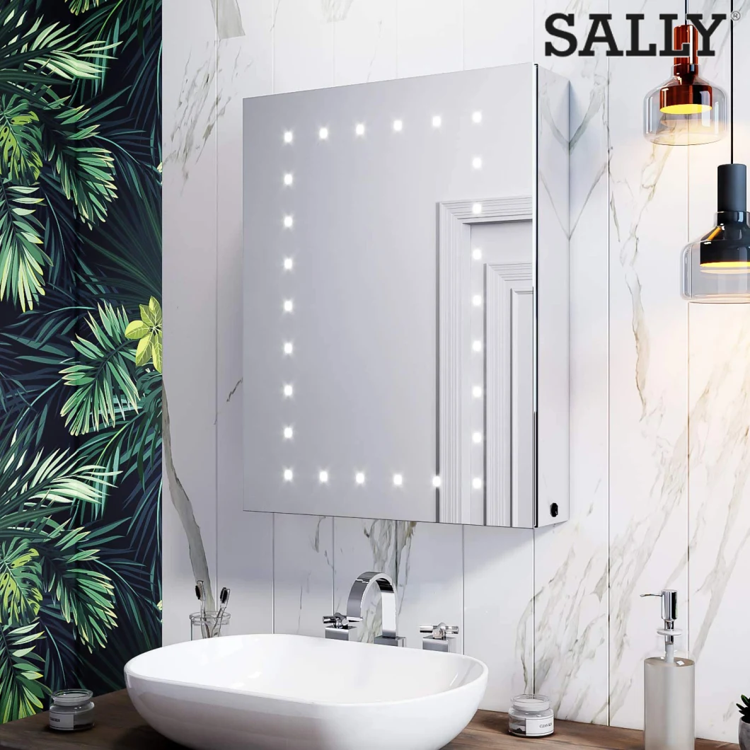 Sally Bathroom 17X23 Armarios con espejo Armario de almacenamiento de baño para medicamentos con luces puntuales Montado en la pared de una sola puerta con atenuación del espejo