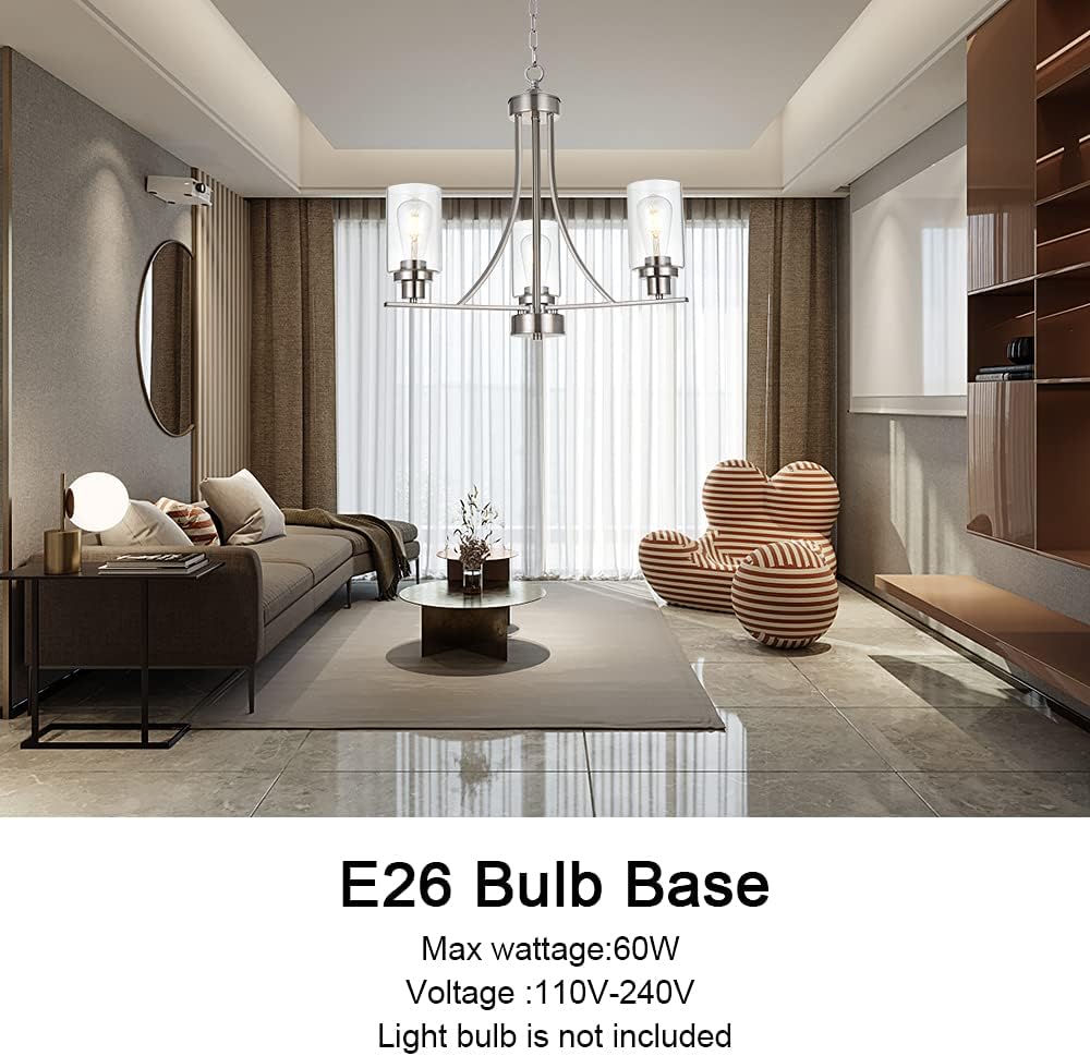 Contemporary Chandelier 3 Light Brushed Nickel Modern Lighting Fixtures Hanging Clear Glass Shades Pendant Light (1)