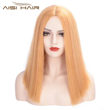 Aisi Hair Synthetic Yaki Middle Part Short Bob Wigs Brown Color Heat Resistant Synthetic Fiber Machine Made Wigs for Women