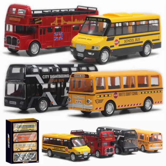 4-Piece Low MOQ 1:48 Scale Metal Pull-Back Double Decker Bus Diecast School Toy for Kids