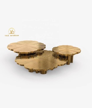 Boca Do Lobo Contemporary Round Coffee Table Set with Irregular Golden Tree Roots Etched Top