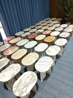 Bulgari Calacatta Violet Round Marble Tops with Marble Stools