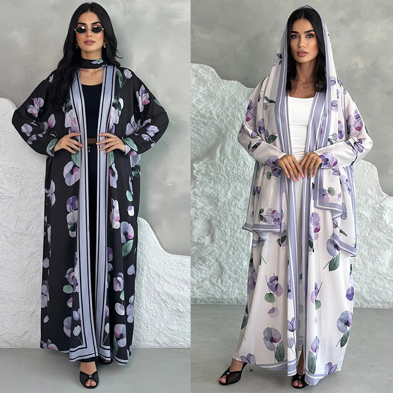 Floral Print Open Abaya With Matching Headscarf Detail