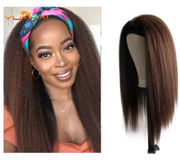 Cheap natural hair headband wig Long kinky straight yaki non lace brown color headband wig synthetic hair wigs for black women