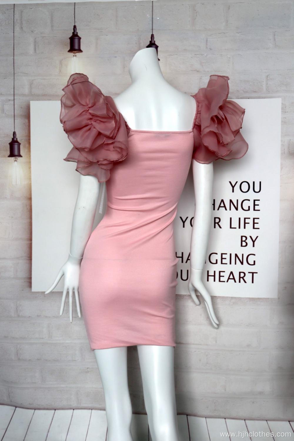 Women's Pink V-neck Dress With Organza Sleeves