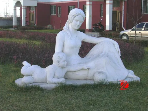 White marble garden mother and child sculptures