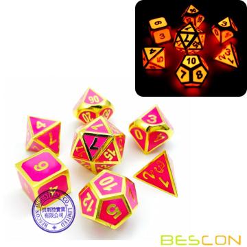 Bescon Super Glow in the Dark Metal Polyhedral Dice Set Golden and Rose, Luminous Metallic RPG Role Playing Game Dice 7pcs Set