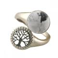 Natural Stone 10MM Round Cabs Silver Tree Rings Adjustable Gemstone Quartz Lucky Tree of Life Elegant Rings for Women Men Gift