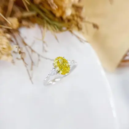 Vivid Yellow Oval Lab Diamond Trilogy Ring